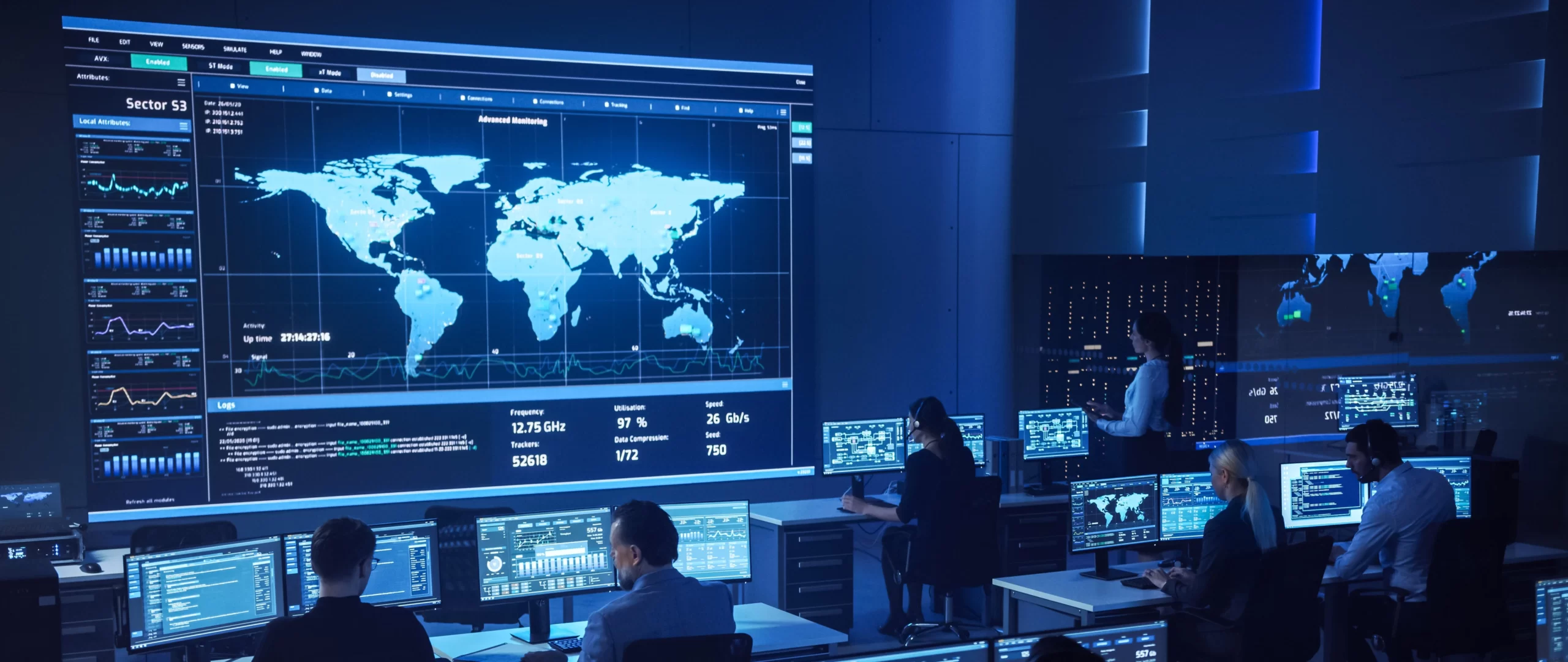 Seven employees in a command center with a big screen of an Earth map and its shown analytics data.