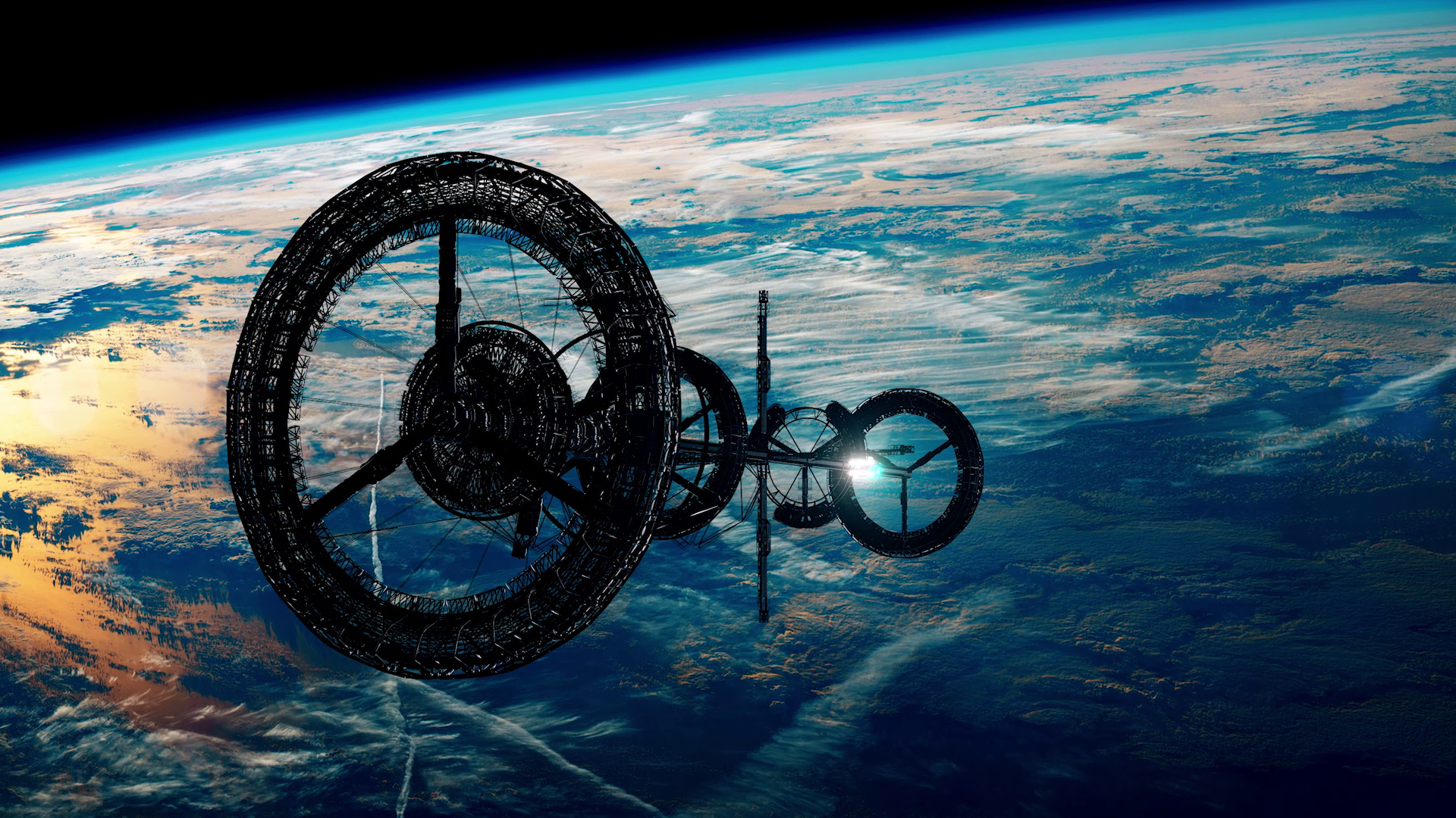 A view on the rear and right side of a fictional space station named VERZE orbiting planet Earth.